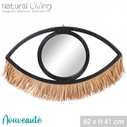Black Rattan Mirror with Black Bamboo and Raffia Fringes 62x41cm