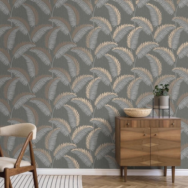 Cascade Leaf Grey Rosegold Wallpaer