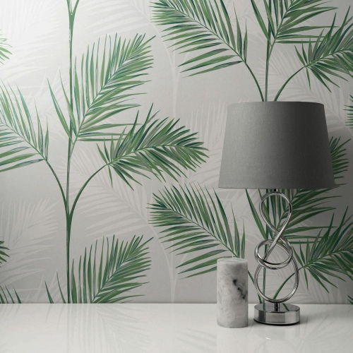 South Beach Palm Leaf Wallpaper Stone Grey Metallic Mica