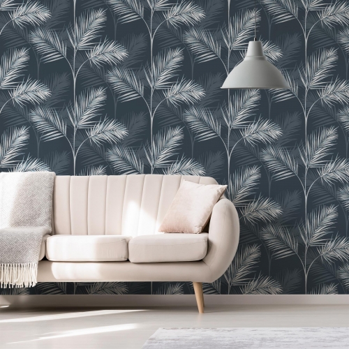 South Beach Palm Leaf Wallpaper Navy Blue Metallic Tropical