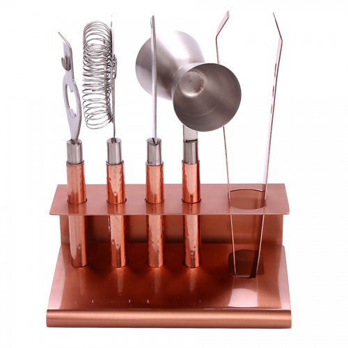6 Piece Hammered Copper Metal Cocktail Bar Tool Set and Stand