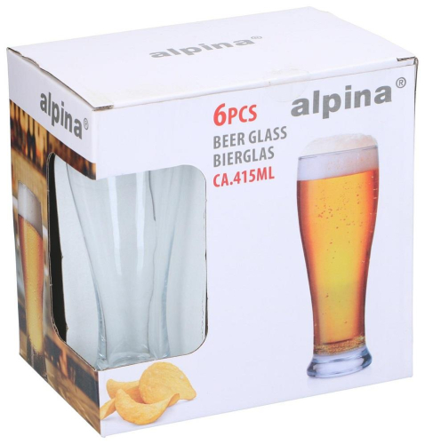 Beer Glass Set 6pcs 415ml Clear Glass Slim Design Home Bar Kitchen Drinkware