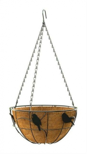 Perching Birds Hanging Basket With Coco Liner 35.5cm Black