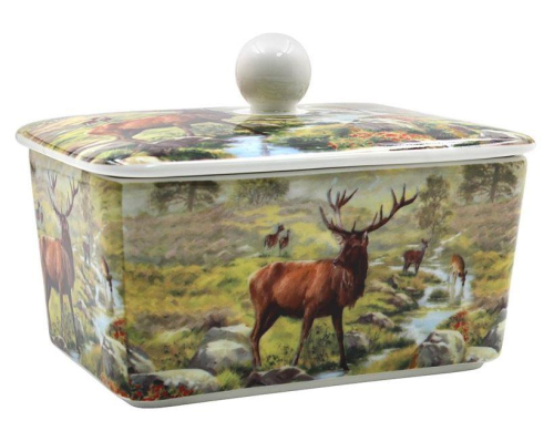 Stag Butter Dish Fine China Multi Color Rustic Nature Design for Table Serving