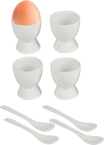 Ceramic Egg Cup Set with Spoons 4 Cups 4 Spoons White Breakfast Tableware