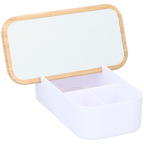 Jewelry Box With Mirror, 3 Compartments, Bamboo Lid