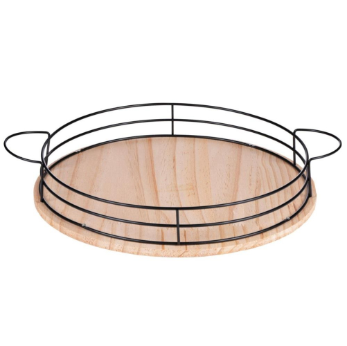 Round Decorative Tray 35cm Wood Base Black Metal Frame Indoor Home Serving Use