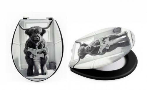 Highland Cow Toilet Seat 45x36cm Black and White PVC MDF Chrome Hinges Bathroom